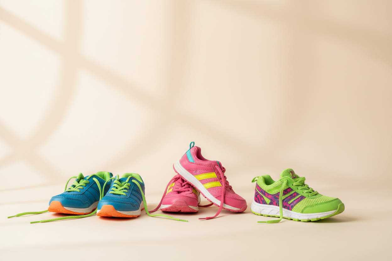 fun shot of a few pairs of kids sports shoes, neutral background, lots of white space